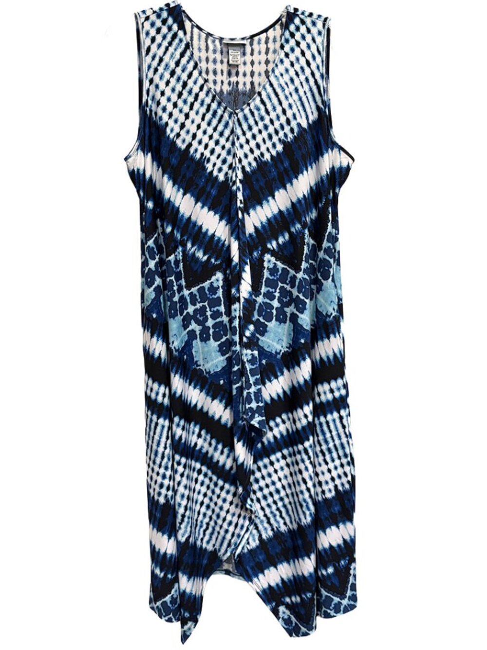 Catherines 2X 22/24W Blue Abstract Tie-Dye/Ikat Sleeveless Handkerchief Hem Dres - Picture 2 of 8